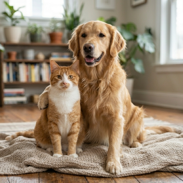 A dog and cat sitting together